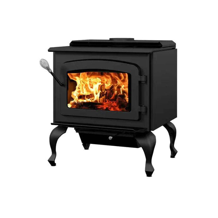 Drolet Escape 1800 Wood Stove on Legs with burning fire, sturdy design, EPA certified, made in Canada, perfect for home heating.