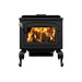 Drolet Escape 1800 Wood Stove on Legs with visible flames, EPA certified, 20'' log capacity, made in Canada, free shipping available.