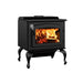 Drolet Escape 1800 wood stove on legs burning logs, made in Canada, EPA certified, with refractory brick-lined firebox.