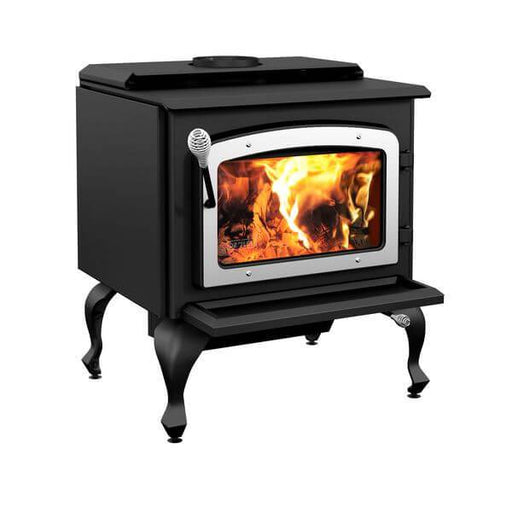 Drolet Escape 1800 Wood Stove with Brushed Nickel Door, black legs, fire burning inside, ideal for heating large spaces