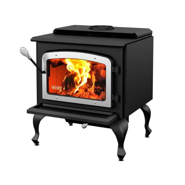 Drolet Escape 1800 Wood Stove on Legs with Brushed Nickel Door, ideal for heating spaces up to 2,100 ft², emitting 1.54 g/h particles.