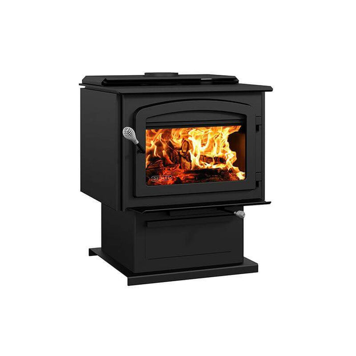 Drolet Escape 2100 Wood Stove with flames visible, heats up to 2,700 ft², emits 1.32 g/h particles, free shipping available.