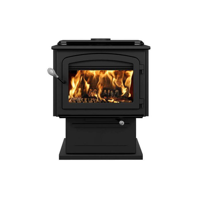 Drolet Escape 2100 Wood Stove burning fire, capable of heating 2,700 ft² with 110,000 BTU/h, eco-friendly with low emissions