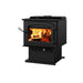 Drolet Escape 2100 Wood Stove with flames visible, offering 110,000 BTU/h heating for areas up to 2,700 sq ft, modern black design.