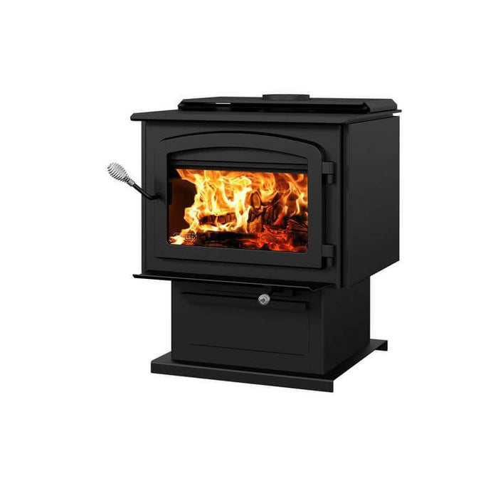 Drolet Escape 2100 Wood Stove with flames visible, offering 110,000 BTU/h heating for areas up to 2,700 sq ft, modern black design.