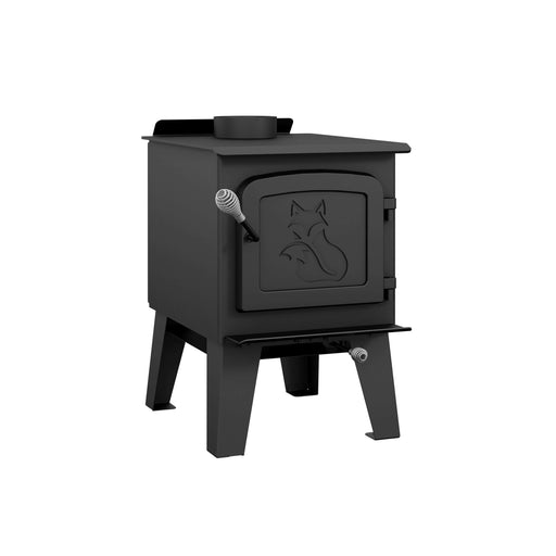 Drolet Fox Wood Stove with cast iron door featuring fox decoration, heats up to 1,200 ft², ideal for small spaces.