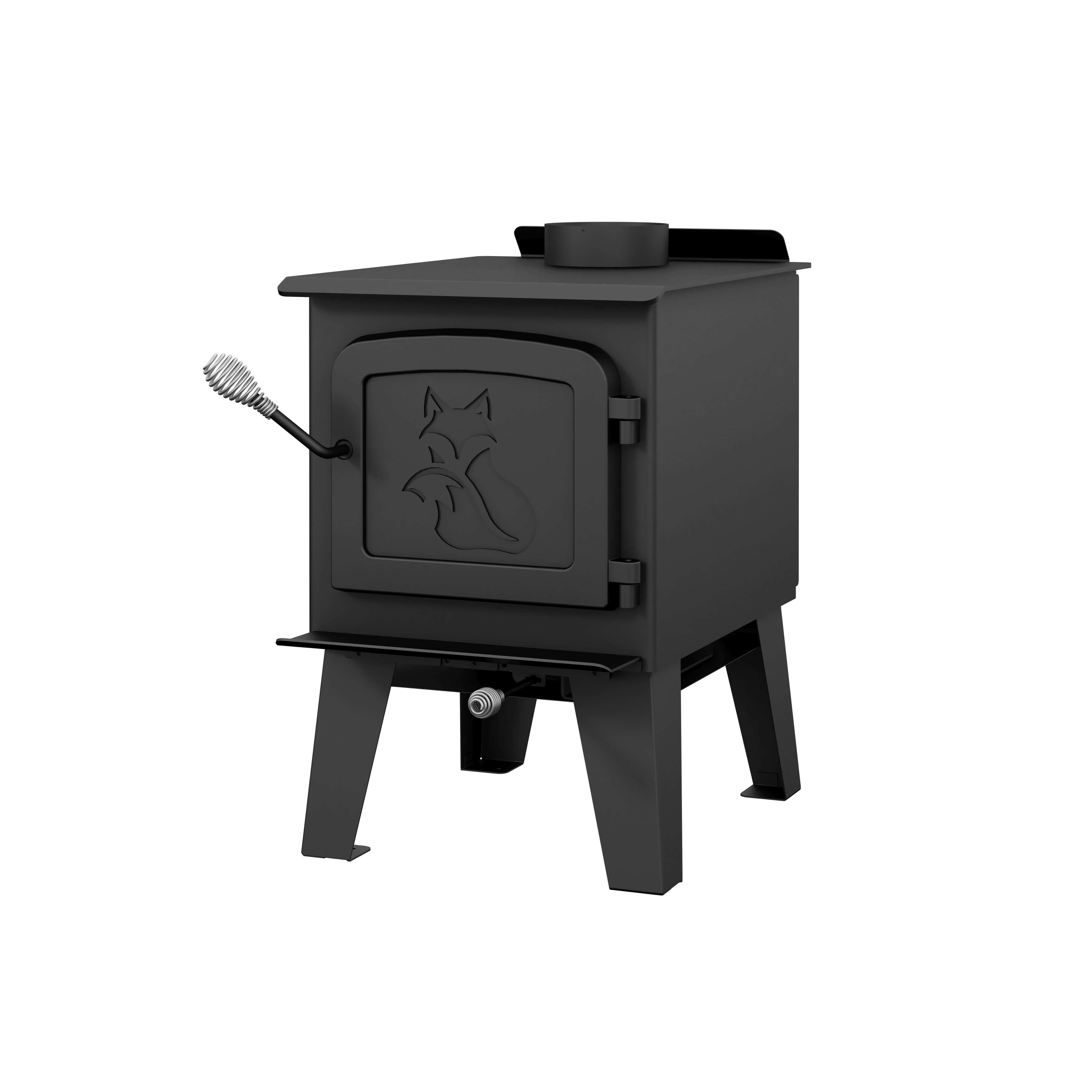 Drolet Fox Wood Stove by Cabin Depot – Compact non-catalytic stove heats 1,200 ft² with 45,000 BTU/h, featuring a cast iron door with fox design.