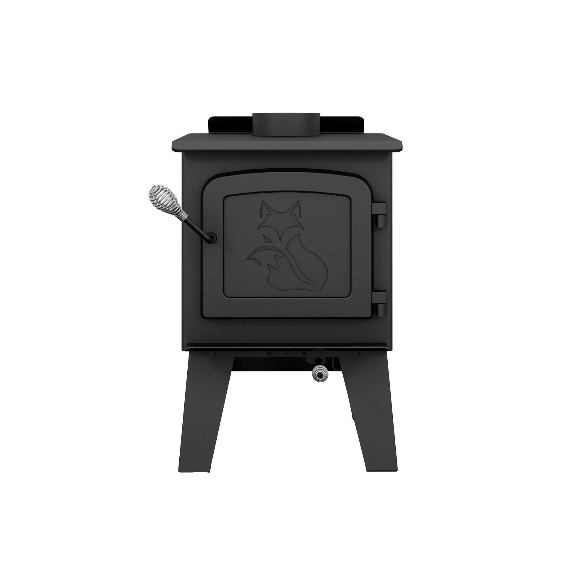 Drolet Fox Wood Stove, compact non-catalytic heater, 45,000 BTU, EPA certified, cast iron door with fox design, available at Cabin Depot.