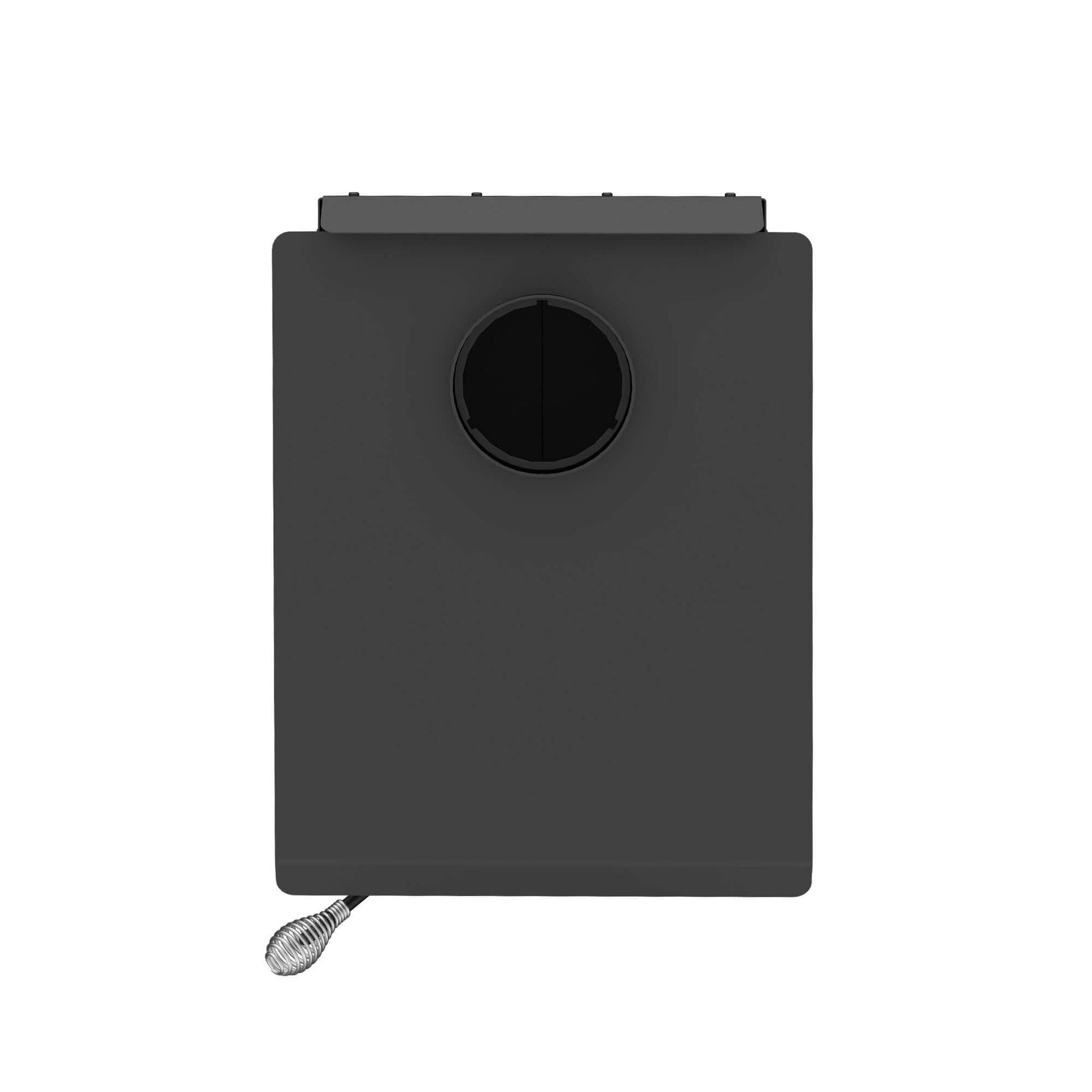 Top view of Drolet Fox Wood Stove showcasing exhaust outlet, available at Cabin Depot for efficient small space heating.