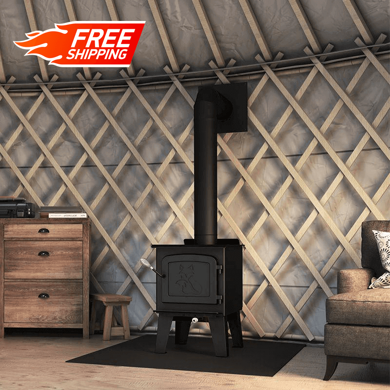 Drolet Fox Wood Stove with cast iron door design, ideal for heating cabins up to 1,200 ft², available at Cabin Depot. EPA certified.