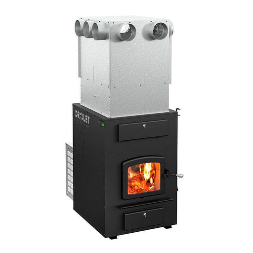 Drolet Heat Commander Wood Furnace with visible flames, central heating system, energy efficient, EPA certified design.