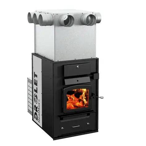 Drolet Heatmax II Wood Furnace showcasing design and burning chamber, ideal for heating spaces up to 2,500 ft².