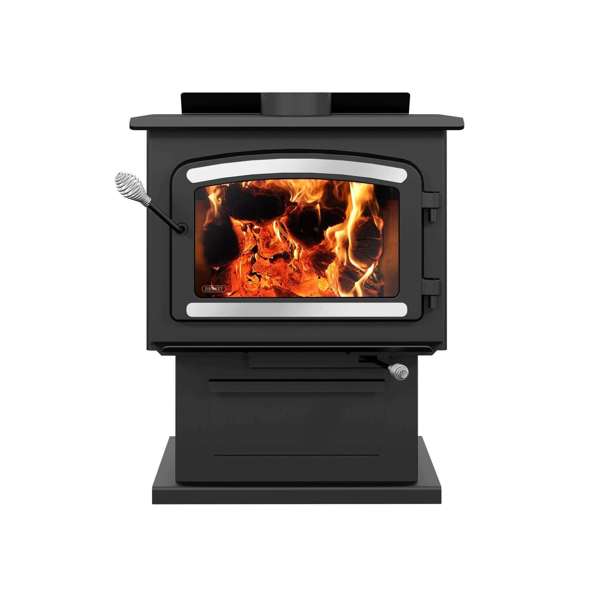 Drolet Heritage Wood Stove with Blower heating up to 2100 sq ft, available at Cabin Depot. In-stock with free shipping option.