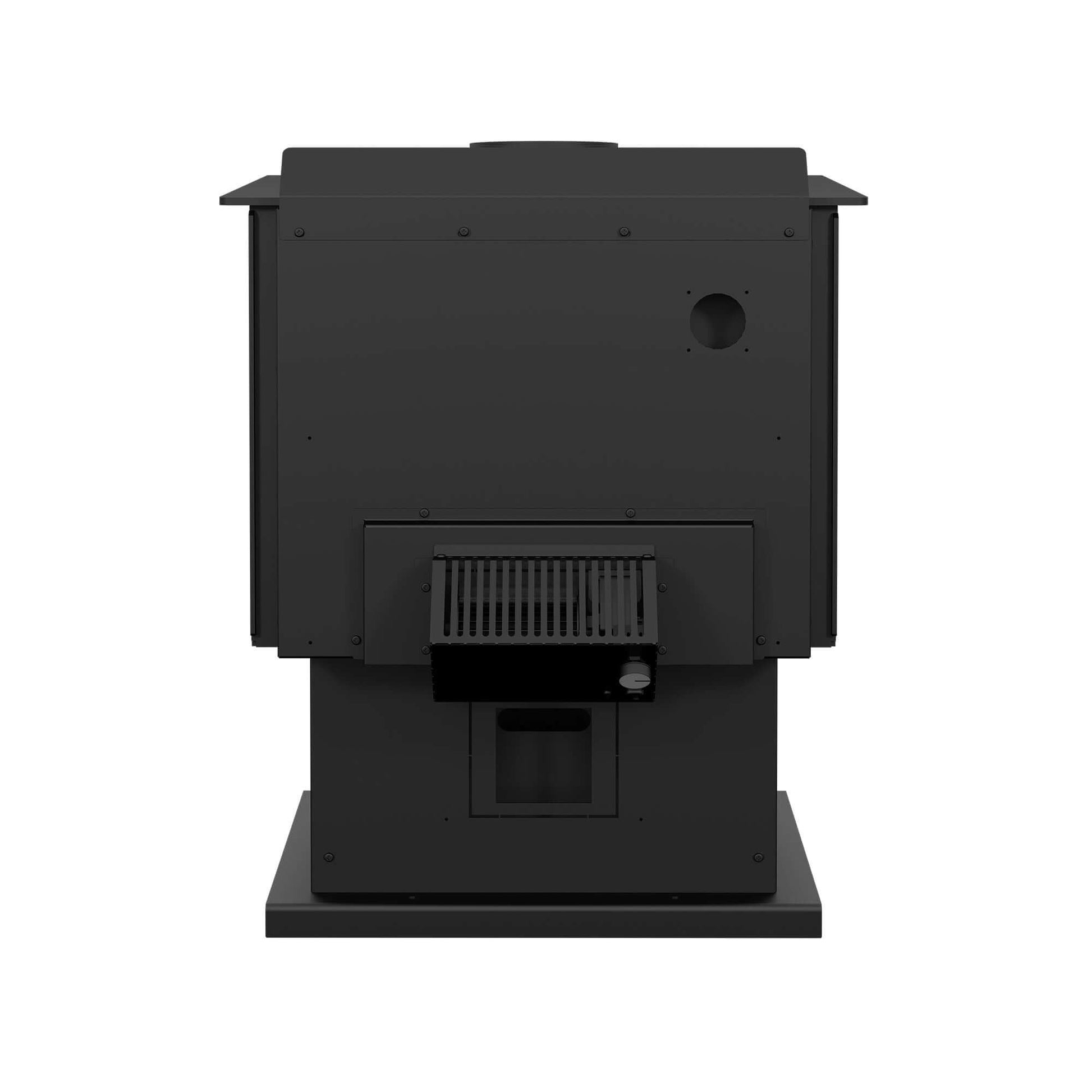 Back view of Drolet Heritage Wood Stove With Blower, in stock at Cabin Depot, heats up to 2,100 ft², eco-friendly 1.54 g/h emissions.