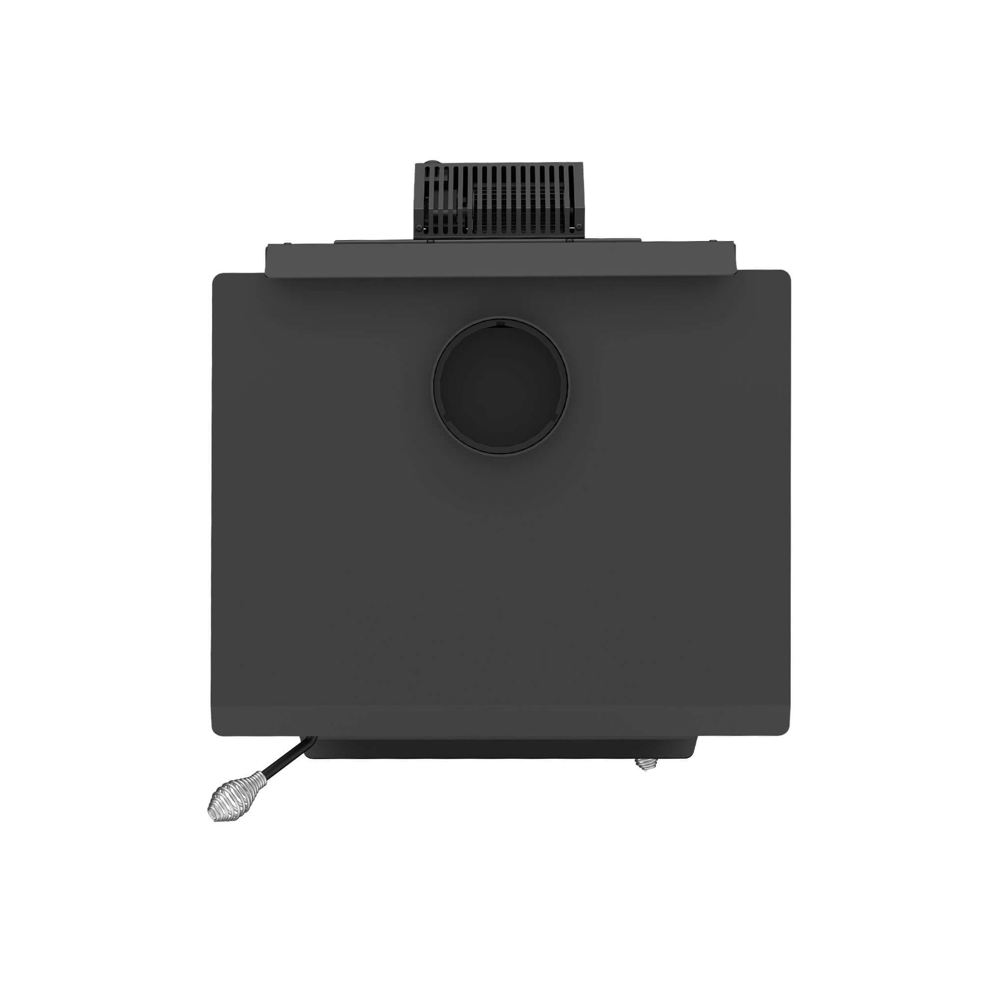 Top view of Drolet Heritage Wood Stove with Blower, available at Cabin Depot, 75,000 BTU capacity, free shipping included.