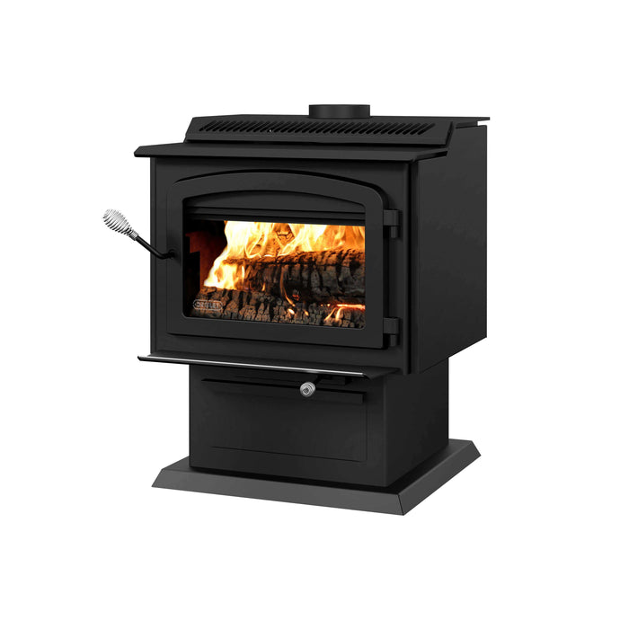 Drolet HT-3000 Wood Stove, 110,000 BTU output, EPA certified, eco-friendly heating for 2,700 ft², sleek black design with flame view.