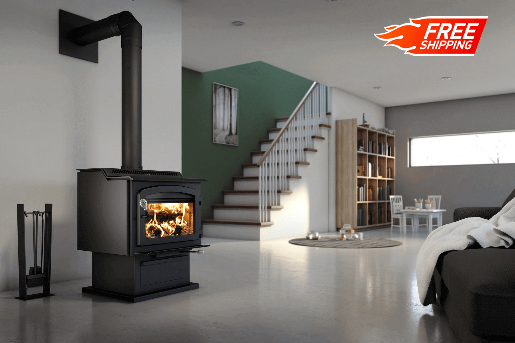 Drolet HT-3000 Wood Stove in modern living room, ideal for heating 2,700 ft². Free shipping from Cabin Depot. Eco-friendly 110,000 BTU heater.