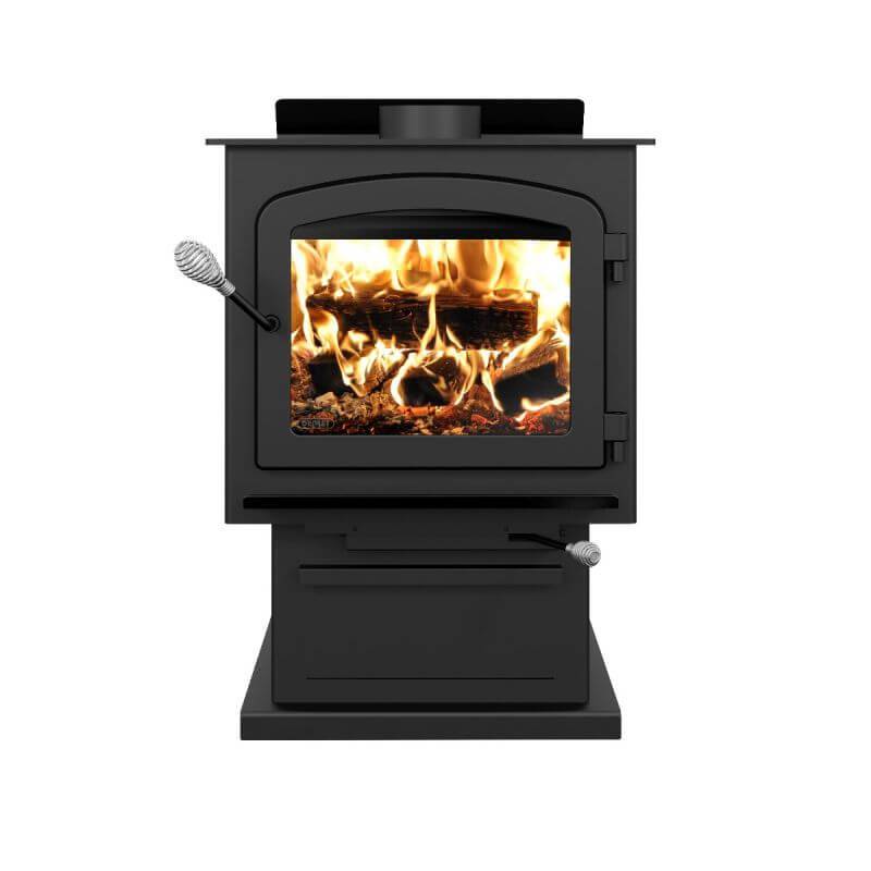 Drolet Myriad III Wood Stove with Blower from Cabin Depot, ideal for heating 2,300 ft², 90,000 BTU/h output, eco-friendly design.