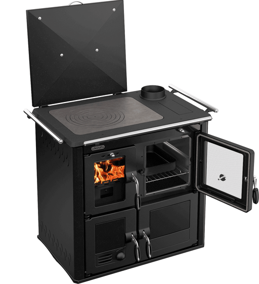 Drolet Outback Chef wood-burning cookstove with visible fire, offering elegant design and radiant heat for cottage life.