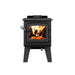 Drolet Spark II Wood Stove with fire burning, compact design for heating up to 1,200 ft², 45,000 BTU/h, EPA certified.