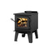 Drolet Spark II Wood Stove with fire, compact design, heats up to 1,200 ft², non-catalytic, EPA certified, black finish.