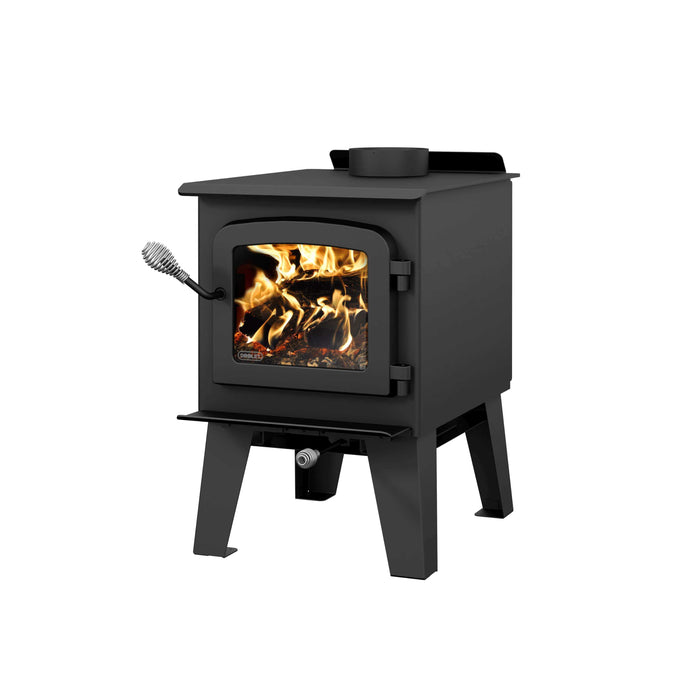 Drolet Spark II Wood Stove with fire, compact design, heats up to 1,200 ft², non-catalytic, EPA certified, black finish.