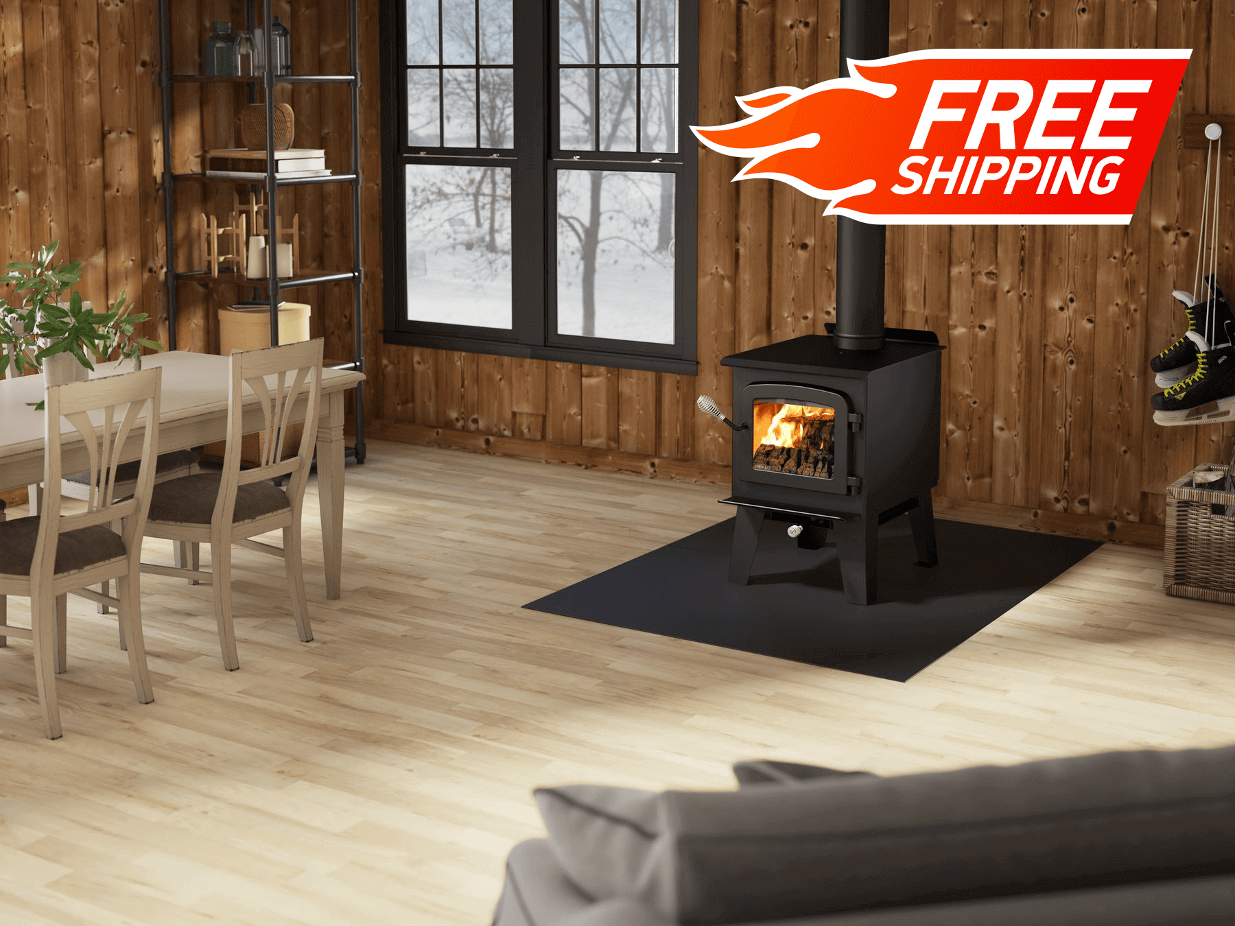 Alt Tag: Drolet Spark II Wood Stove in cozy cabin setting with Free Shipping badge, Cabin Depot. EPA certified, heats up to 1,200 ft².