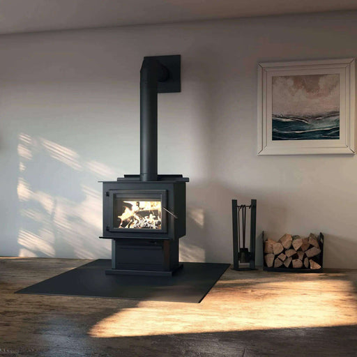 Englander Blue Ridge 500 fireplace in modern living room, showcasing robust steel design and ceramic glass. Available at Cabin Depot.