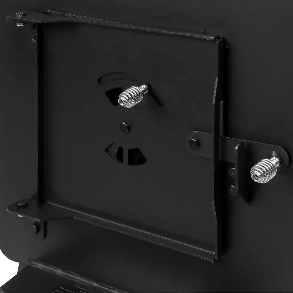 Close-up of Englander Cub Wood Stove's removable leg assembly, made with durable 12-gauge steel, available at Cabin Depot for outdoor use.