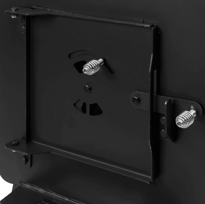 Detailed view of the Englander GRIZZLY Camp Stove door, showcasing durable 12-gauge steel construction for longevity and portability.