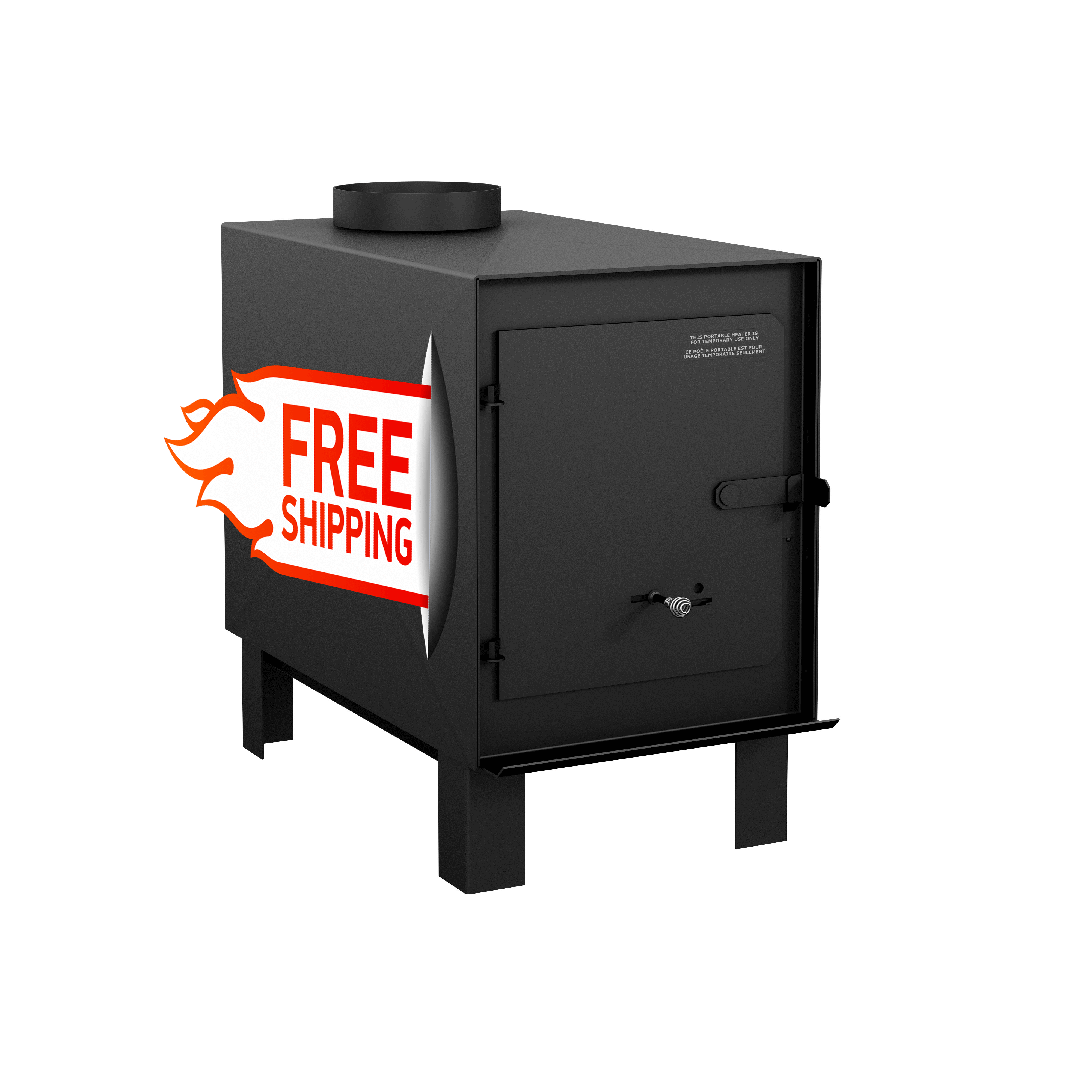Drolet Hunter Camp Stove with free shipping offer, available at Cabin Depot, suitable for temporary installations and portable use.