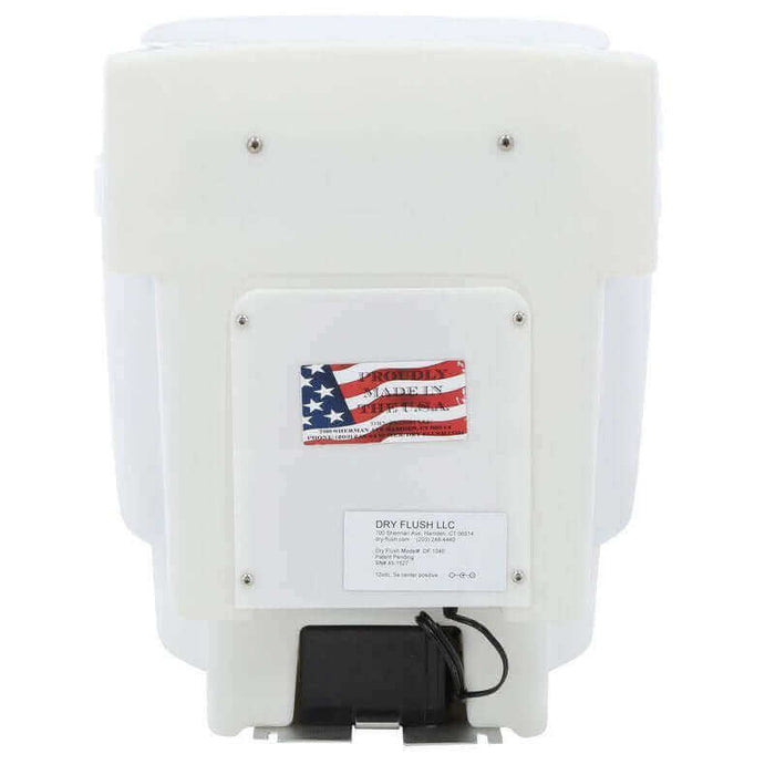 Back view of Laveo Dry Flush Portable Toilet showing American flag label.