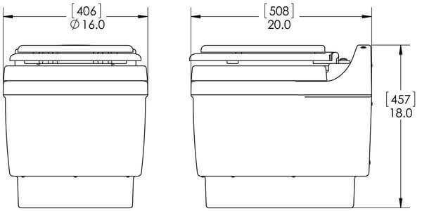 "Laveo Dry Flush Portable Toilet technical dimensions diagram"