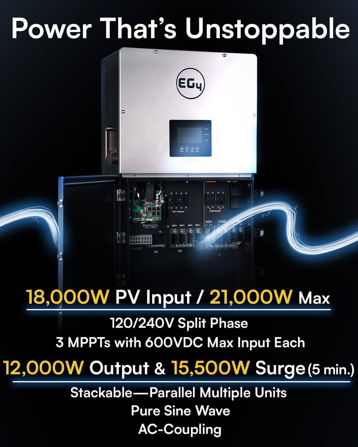 EG4 48V Hybrid Split Phase Inverter - The Cabin Depot's Powerful 21,000W Solar Solution, Ideal for Grid-Tied and Off-Grid Projects.
