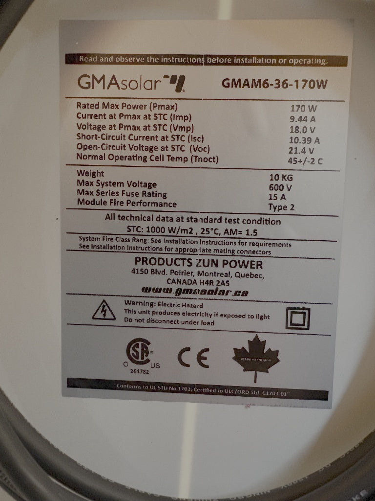 GMA Solar 170W Mono Solar Panel