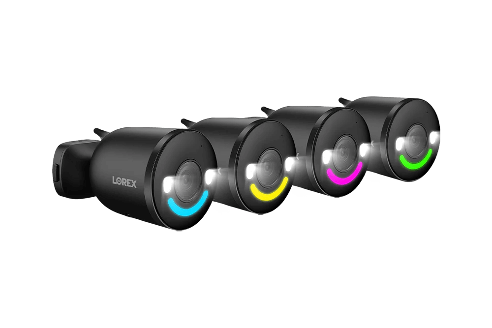 Lorex 4K Spotlight Wi-Fi Cameras with colorful lights for indoor/outdoor security, available at Cabin Depot.
