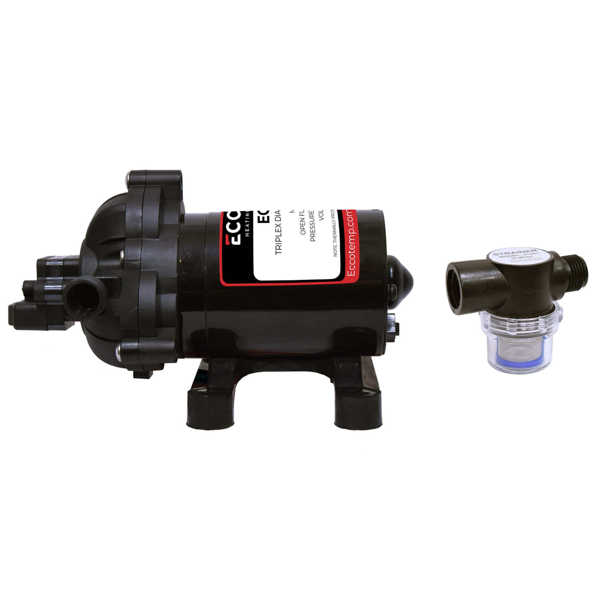 Eccotemp 12V EccoFlo Diaphragm Pump Strainer - Portable water pump for tankless heaters, available at Cabin Depot. Compact and efficient design.