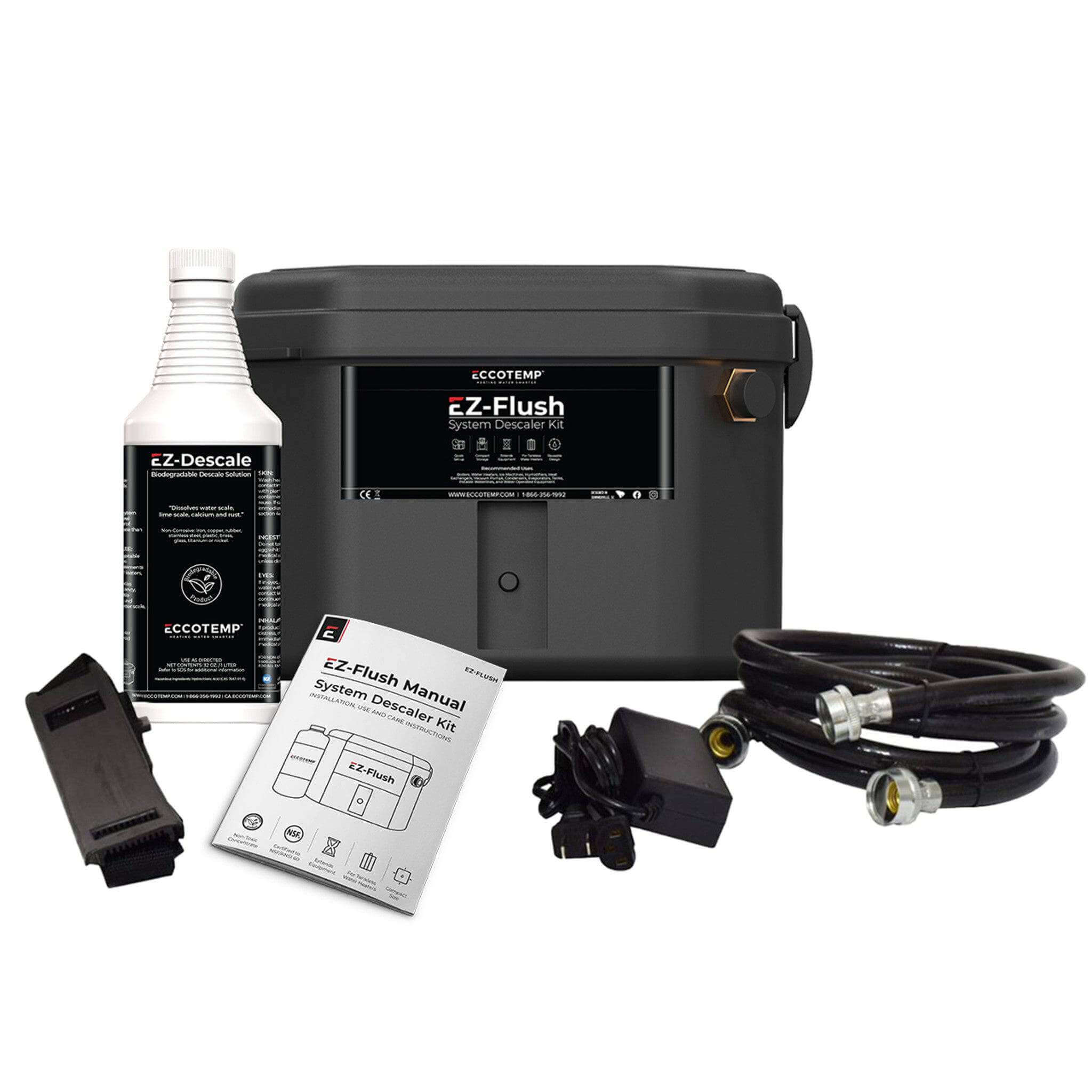 Eccotemp EZ-Flush System Descaler Kit for water heaters, available at Cabin Depot. Includes descaler, hoses, and manual.