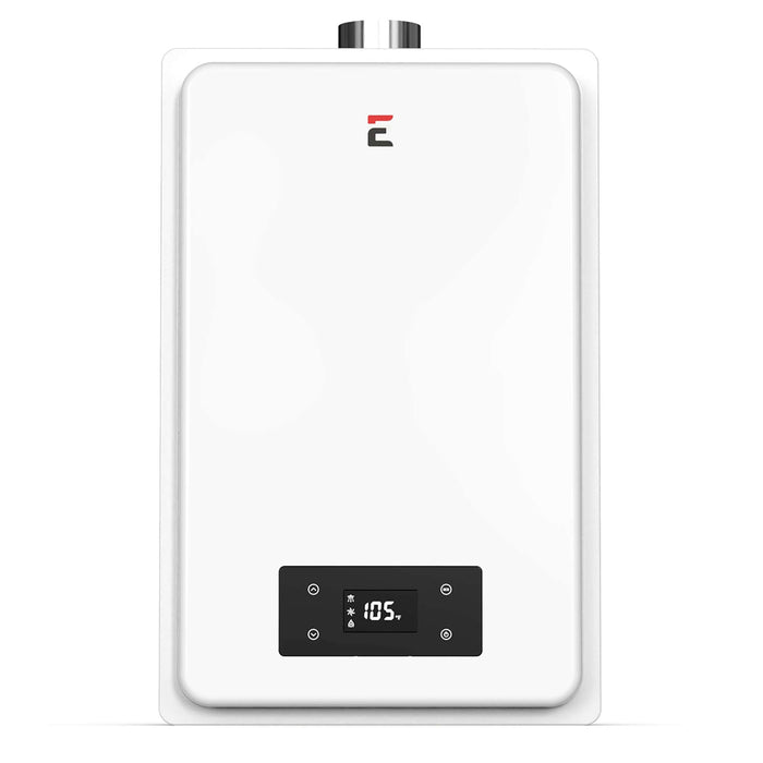 Eccotemp 6.0 GPM Natural Gas Indoor Tankless Water Heater - Builder Series with digital display panel.