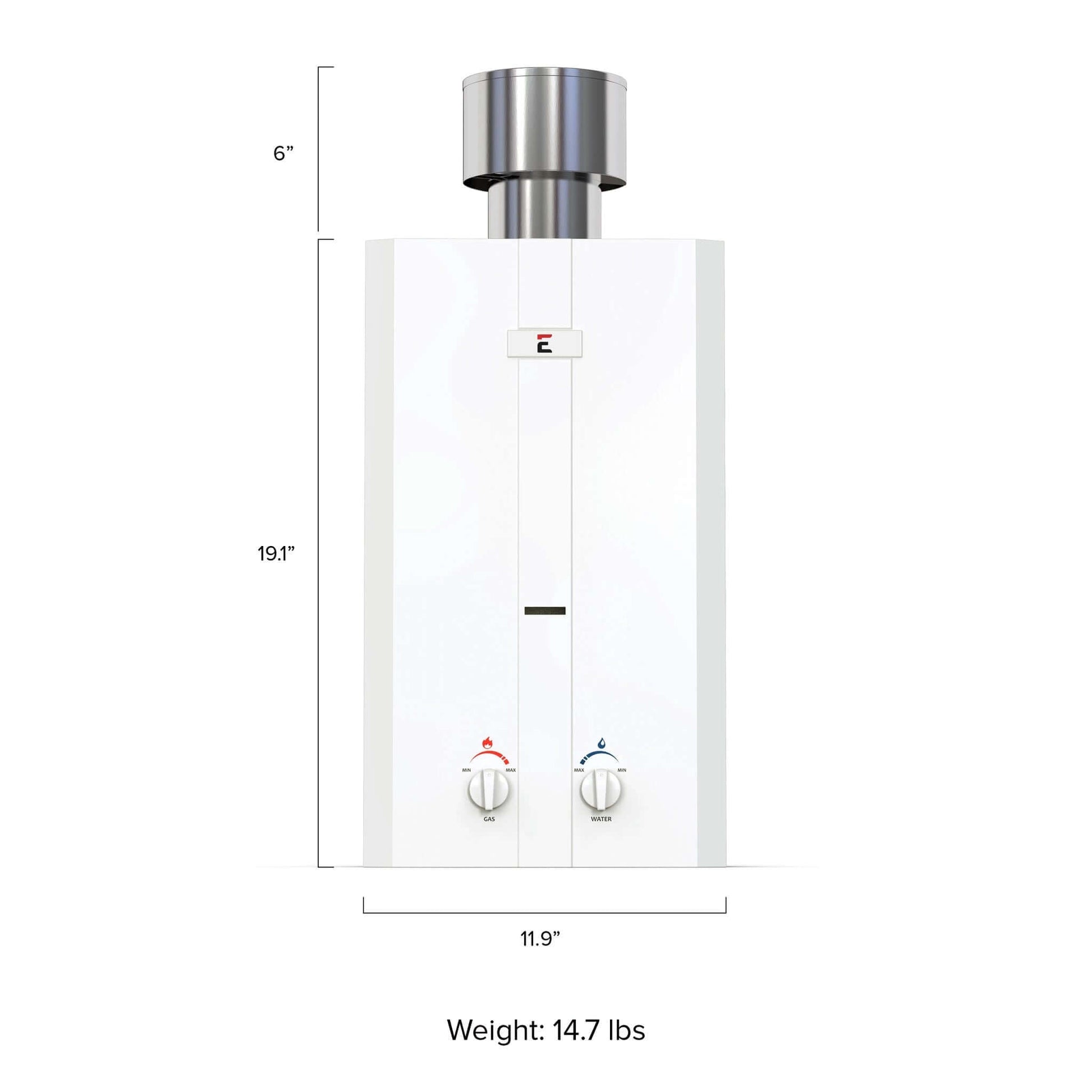 Eccotemp L10 High Capacity Outdoor Tankless Water Heater displayed with dimensions and weight, available at Cabin Depot