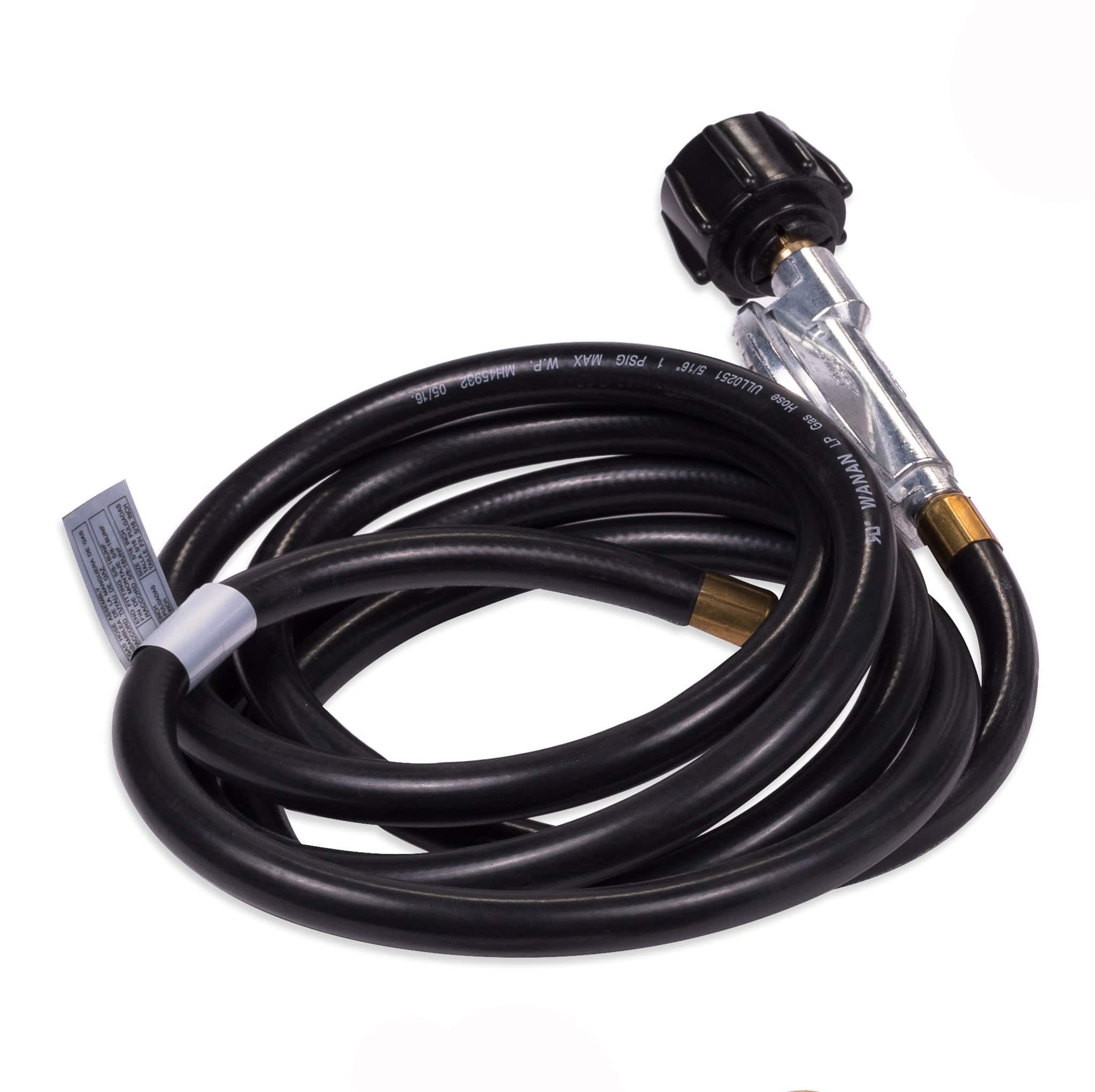 Black coiled hose with nozzle attachment for outdoor tankless water heater, ideal for RV and cabin use, available at Cabin Depot.