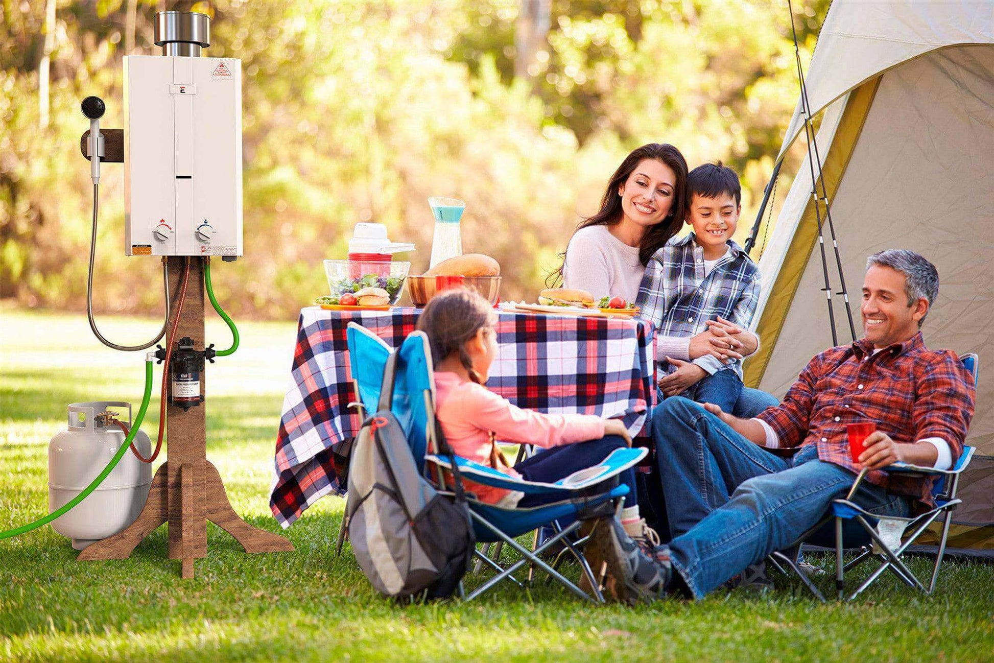 Family camping with Eccotemp L10 Outdoor Tankless Water Heater from Cabin Depot