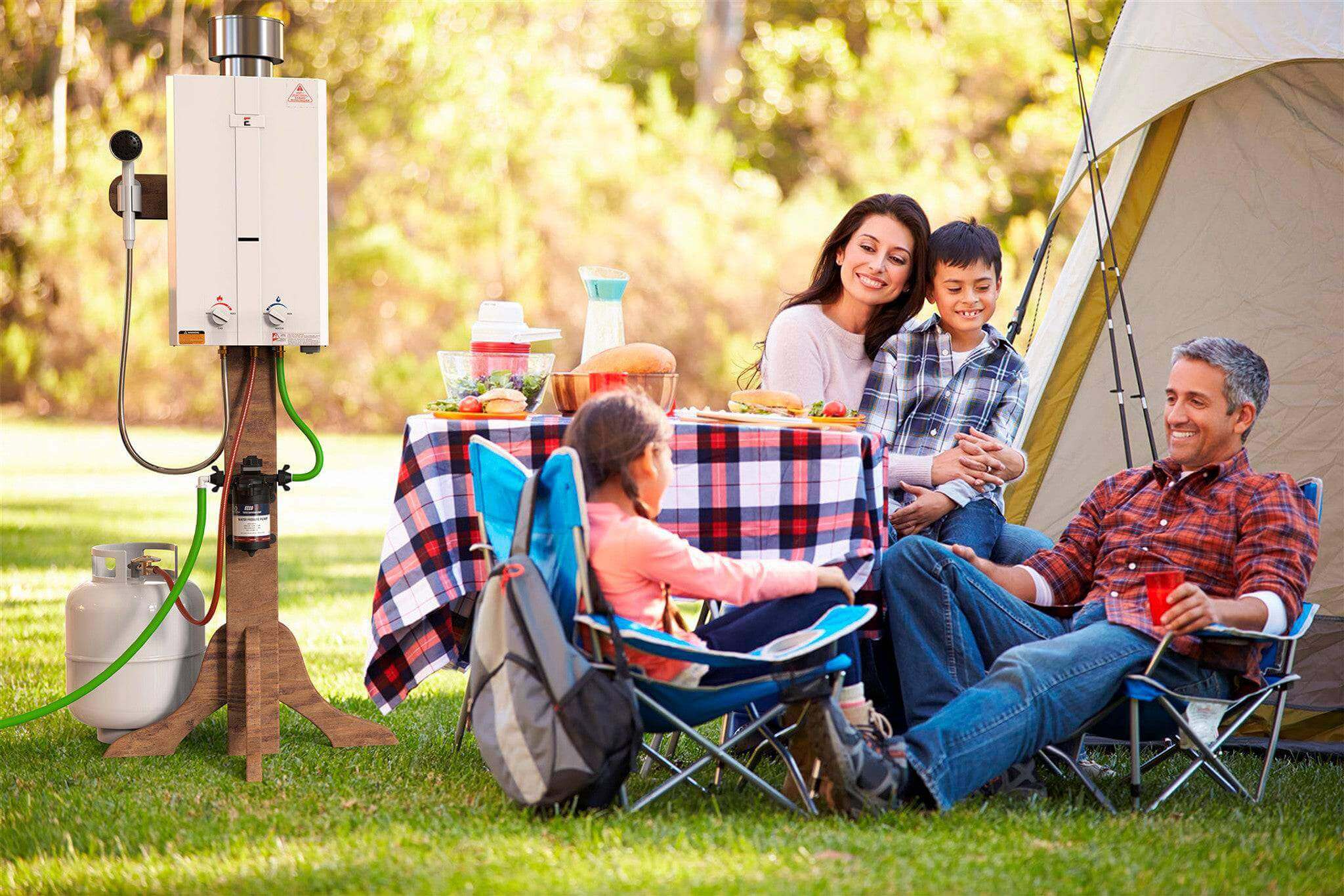 Family camping with Eccotemp L10 Outdoor Tankless Water Heater from Cabin Depot