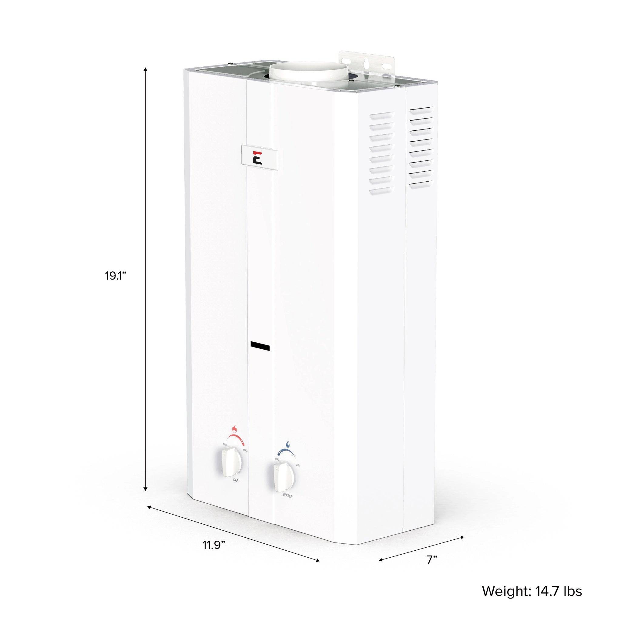 Eccotemp L10 Outdoor Tankless Water Heater with dimensions and weight, available at Cabin Depot