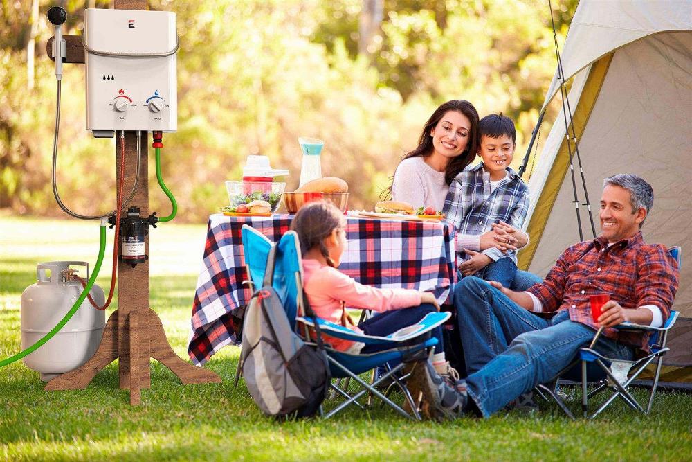 Family camping with Eccotemp L5 Portable Tankless Water Heater by Cabin Depot