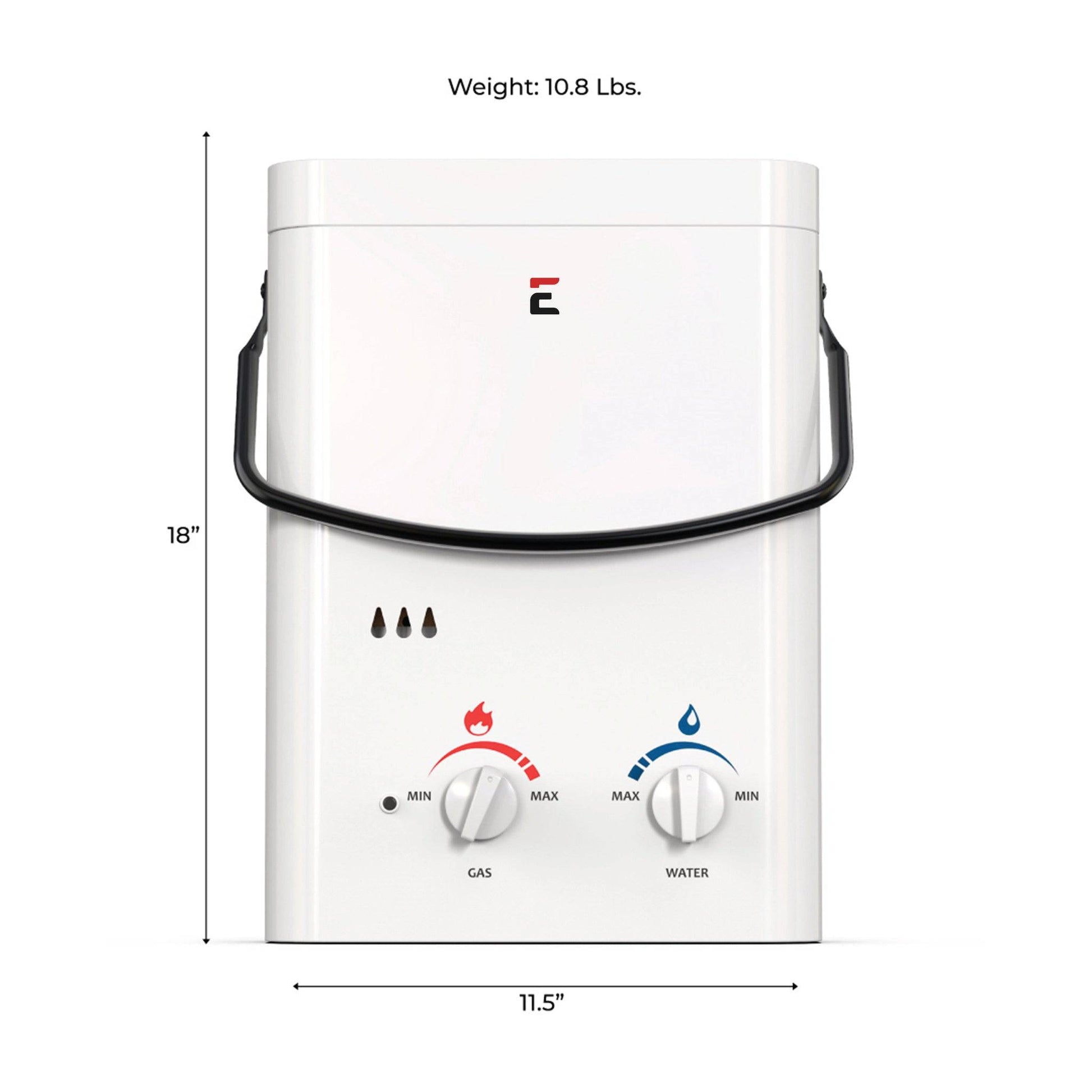 Eccotemp L5 Tankless Water Heater front view showing dimensions and controls, available at Cabin Depot. Perfect for portable hot water needs.