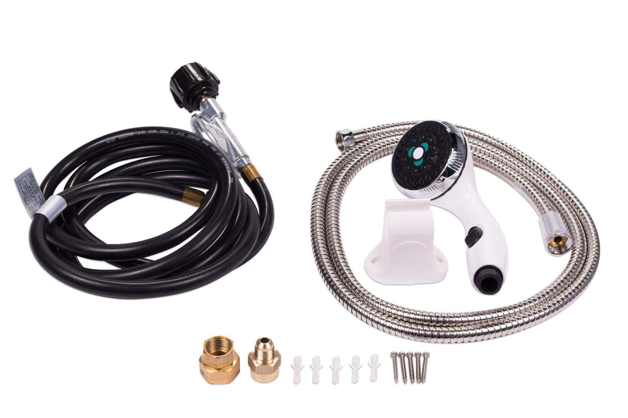 Eccotemp L5 Tankless Water Heater accessories with Seaflo Pump, hose, and showerhead - Cabin Depot