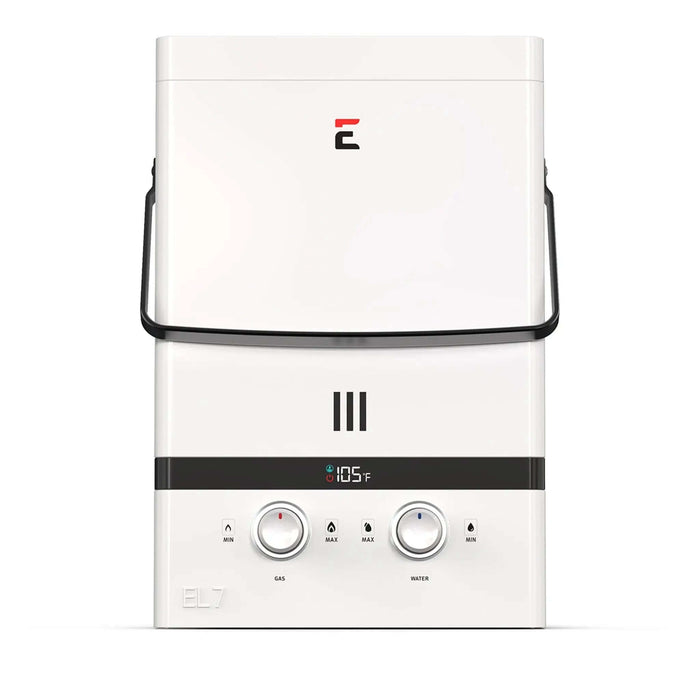 Eccotemp EL7 Luxe Outdoor Portable Tankless Water Heater with LED Display, all-weather rain cap, and pearl white finish.