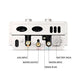 Back view of Eccotemp EL7 Luxe Outdoor Tankless Water Heater showing gas input, water input and output, battery pack, and drain plug.