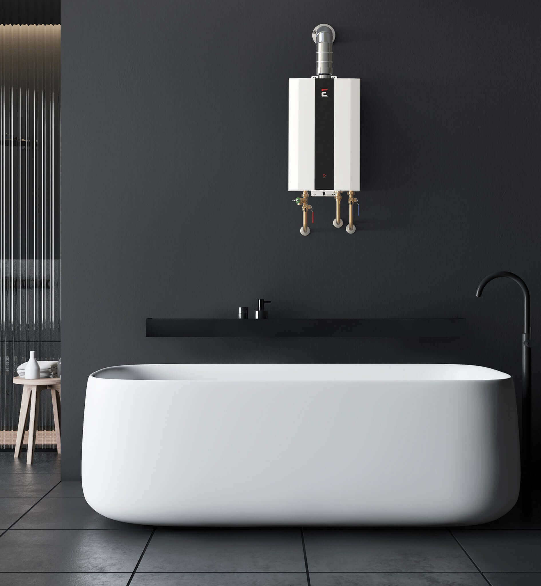 Eccotemp 4.0 GPM SmartHome Indoor Propane Tankless Water Heater in modern bathroom - Cabin Depot